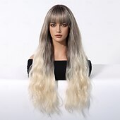 voordelige Synthetische trendy pruiken-24 inch synthetische pruik damespruik blond lang golvend haar met pony mode dagelijks kerstfeest pruiken