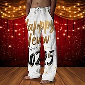cheap Men&#039;s Printed Casual Pants-New Year Men&#039;s Happy New Year Pants Trousers Mid Waist Drawstring Elastic Waist Hawaiian Casual Outdoor Party Evening Wear Holiday Straight Leg Trousers Summer Spring Fall 3D Print White