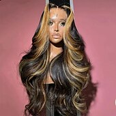voordelige Pruiken van echt haar, met kanten voorzijde-Echt haar 4x13 Sluiting Pruik Gratis deel Braziliaans haar Body Golf Lichtbruin Meerkleurig Pruik 150% Haardichtheid met babyhaar lijmloze Pre-geplukt Voor pruiken voor zwarte vrouwen Lang Kanten