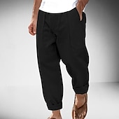 baratos Clássico-Homens Calças de linho Calças Calça verão Com Cordão Cintura elástica Perna reta Tecido Conforto Respirável Comprimento total Ao ar livre Casual Diário Moda Estilo Clássico Preto Branco