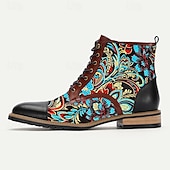cheap Premium Leather Boots-Men&#039;s Premium Cowhide Leather Lace-Up Boots with Floral Jacquard Design and Cap Toe - Stylish and Durable Ankle Boots for Casual and Formal Occasions