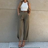 abordables pierna ancha y cintura alta-Mujer Talla EU / US Pantalones Casual Confort Longitud total Tiro Alto Color sólido Cremallera Hebilla Cómodo Microelástico Fiesta Casual Diario Negro Verde Ejército Café Otoño invierno Todas las