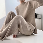 billige Genser-koordinater-Dame Genser-koordinater Elegant Mote Fritid Helfarge Riflet Båthals Strikket Langermet Vanlige topper Strikke Arbeid Blå Kakifarget Høst Vinter
