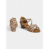 abordables Chaussures de danses latines-sandales de danse latine à imprimé léopard avec semelle en daim souple pour femmes – talons ouverts à lanières avec boucle réglable, idéales pour la salsa, le tango et la danse de salon