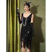 abordables Robes des années 1920-Roaring 20s 1920s Knee Length Flapper Dress Outfits Cocktail Dress Sleeveless The Great Gatsby Flapper Girl Wedding Guest Sequins Feather Fringe Scoop Neck Fancy Dress Women's Carnival Costume 7 PCS