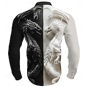 abordables Estampado Animal-Hombre Dragón Camisa para Vestido Abotonar la camisa Manga Larga Artístico Casual Diario Hogar Vacaciones Verano Primavera &amp; Otoño cuello de abuelo Cuello alto Impresión 3D Blanco+Negro