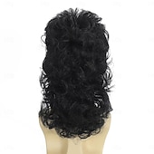 cheap Mens Wigs-Mullet Wig Black Men Wigs 80s Curly Male Wig Halloween Costumes Punk Rocker Wig Long