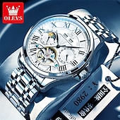 cheap Mechanical Watches-New Olevs Brand Men&#039;S Business Stainless Steel Band Watch Moon Phase Double Calendar 24-Hour Indication Automatic Mechanical Watch Simple Leisure Sports Men&#039;S Wristwatch