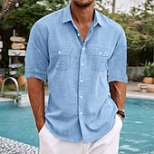 voordelige Thuis-Voor heren Overhemd Katoenen linnen overhemd Zomer overhemd Strand Kleding Normaal shirt Overhemd met knopen Effen Vakantie Casual Zwart Wit blauw Lange mouw Revers Lente zomer Kleding Zak