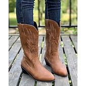 tanie Kowboj i zachodnie buty-damskie kowbojskie buty w stylu western – klasyczne, sięgające do połowy łydki, brązowe, ze sztucznej skóry z haftowanym wzorem, idealne na co dzień, na festiwale i do strojów wiejskich