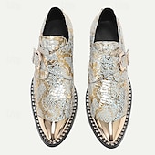 abordables Mocassins en cuir de qualité supérieure-chaussures habillées en cuir métallisé doré pour hommes avec motif peau de serpent, bout carré et détail boucle - parfaites pour les mariages, les fêtes et autres événements spéciaux