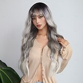 abordables Perruques Synthétiques Sans Bonnet-Perruque Synthétique Ondulé Boucle rebondissante Partie médiane Coupe Droite Perruque 28 pouces Gris argenté Cheveux Synthétiques Femme Au Milieu Frais Adorable Gris