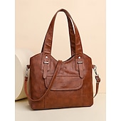 cheap Handbag &amp; Totes-Women&#039;s Vintage Brown Faux Leather Tote Bag with Dual Handles and Adjustable Crossbody Strap – Spacious and Stylish for Everyday Use