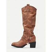 levne Cowboy &amp; Western Boots-dámské hnědé kozačky ke kolenům s detaily přezek a blokovým podpatkem – stylová obuv inspirovaná westernem pro běžné nošení i outdoorové outfity