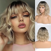 economico Parrucche trendy sintetiche-parrucche per donne parrucca corta ondulata con frangia parrucca con radici scure lunghezza media capelli sintetici naturali per feste quotidiane &amp;amplificatore cosplay