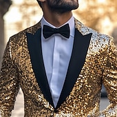 cheap Men&#039;s Classic Blazers-Men&#039;s Tuxedo Blazer Jacket Sequins Wedding Party Casual All Seasons Polyester Sequin Solid Colored Basic Single Breasted One-button Blazer Gold