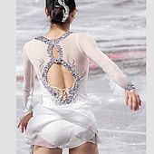 cheap Figure Skating Dresses-Figure Skating Dress Women&#039;s Girls&#039; Ice Skating Dress White Patchwork Thumbhole Mesh Spandex Stretchy Training Practice Professional Skating Wear Thermal Warm Crystal / Rhinestone Long Sleeve Ice