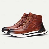 cheap Premium Leather Boots-Men&#039;s Brown Leather Sneaker Boots with Crocodile Texture and Script Embossing – Premium Cowhide Casual High-Top Footwear with Sporty Sole