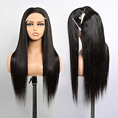 economico Parrucche lace front capelli veri-Parrucche in pizzo con cerniera sostituibile trasparente 13x4, capelli umani, attaccatura dei capelli pre-pizzicata, densità 150 per donne nere, colore nero naturale