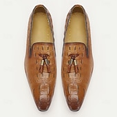 cheap Premium Leather Loafers-Men&#039;s Tan Crocodile Embossed Leather Loafers with Tassel Detail – Premium Cowhide Formal &amp; Casual Dress Shoes