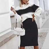 preiswerte Pullover-Koordinaten-Damen Pullover-Koords Elegant Modisch Täglich Farbblock Gerippt Rundhalsausschnitt Vordertasche Langarm Normale Oberteile Stricken Arbeit Schwarz Rosa Herbst Winter