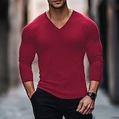 billiga Våffelstickad t-shirt-Herr T-shirt T-shirts Våffelstickad t-shirt Långärmad V-hals Vår Höst Vår &amp; Höst Ensfärgat Stickat Dagligen Klassisk Utomhus Casual Ledigt Svart Vinröd Blå Topp t-shirt för män