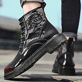abordables Botas de combate-Botas de combate de piel sintética patentada para hombre: diseño con cordones de estilo militar con detalles de camuflaje, suela resistente para uso al aire libre y casual