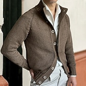 preiswerte Herren Strickjacke-Herren Strickjacke Kurzer Pullover Gerippt Stricken Standard Knopf Feste Farbe Ständer Modisch Klassisch Urlaub Freizeitskleidung Bekleidung Herbst Winter Schwarz Kaki M L XL