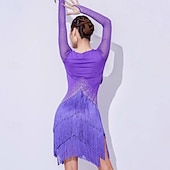 cheap Competition Dress-Latin Salsa Dance Dress Rhinestone Tassel Splicing Women's Performance Training Long Sleeve Mesh Milk Fiber