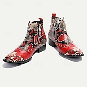 cheap Premium Leather Boots-Men&#039;s Red &amp; Black Snakeskin Leather Ankle Boots with Metallic Toe Cap and Side Zipper – Premium Cowhide Statement Footwear with Stud Accents