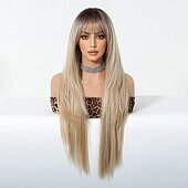 baratos Perucas Sintéticas sem Touca-Perucas sintéticas Uniformes Trajes de carreira Princesa Liso Kinky Liso Parte do meio Corte em Camadas Com Franjas Fabrico à Máquina Peruca 28 polegadas Castanho Claro Cabelo Sintético Mulheres