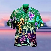 お買い得  鳥と動物-男性用 トロピカル風 蛍光性 シャツ アロハシャツ キャンプシャツ 半袖 シャツ 折襟 ファッション ハワイアン デザイナー ストリート カジュアル 日常 イエロー ルビーレッド ライトパープル 3Dプリント S M L