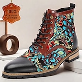 cheap Premium Leather Boots-Men&#039;s Premium Cowhide Leather Lace-Up Boots with Floral Jacquard Design and Cap Toe - Stylish and Durable Ankle Boots for Casual and Formal Occasions