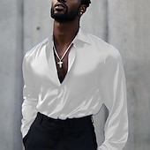 preiswerte Satinhemden für Herren-Herren Hemd Satinhemd Freizeithemd Knopfhemd Einfach Hochzeit Urlaub Schwarz Weiß Wein Blau Langarm Revers Frühling &amp; Herbst Bekleidung Knöpfe