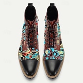 cheap Premium Leather Boots-Men&#039;s Premium Cowhide Leather Lace-Up Boots with Floral Jacquard Design and Cap Toe - Stylish and Durable Ankle Boots for Casual and Formal Occasions