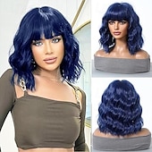 cheap Synthetic Trendy Wigs-Short Wig Shoulder Length Bob Curly Wavy Wig With Bangs for Women Charming Heat-resistant Synthetic Hair Wigs for Date Daily Use