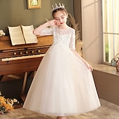 billige Blomsterkjoler-Blomsterpikekjole Barn Jente Prinsesse kjole Ytelse Bryllup Fest Elegant Vakker Netting Helfarge Kortermet Crew-hals Hvit Champagne 4 år +