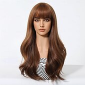 cheap Synthetic Trendy Wigs-Synthetic Wig Uniforms Career Costumes Princess Body Wave Layered Haircut Neat Bang Machine Made Wig 24 inch Dark Brown Synthetic Hair Women&#039;s Cosplay Party Fashion Dark Brown