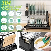 cheap Storage Racks-Tableware drying rack 2-layer utensil drain rack with detachable utensil rack and swivel joint durable high carbon steel material larger capacity easy to install black
