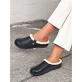 economico Zoccoli e pianelle da donna-Zoccoli invernali da donna in similpelle nera foderati in pile – comode scarpe da casa e da esterno slip-on per il comfort nelle giornate fredde