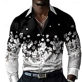 cheap Men&#039;s Satin Shirt-Men&#039;s Floral Button Up Shirt Designer Shirt Long Sleeve Fashion Casual Vacation Party / Evening Spring Fall Turndown Button Up Black