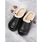 economico Zoccoli e pianelle da donna-Zoccoli invernali da donna in similpelle nera foderati in pile – comode scarpe da casa e da esterno slip-on per il comfort nelle giornate fredde
