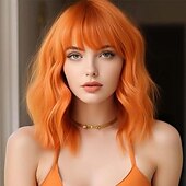 tanie Peruki syntetyczne modne-falowana peruka z grzywką miękkie krótkie peruki bob dla kobiet syntetyczne do ramion damskie kręcone peruki na kostiumy halloweenowe cosplay codziennie