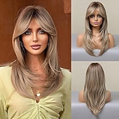 voordelige Synthetische trendy pruiken-pruiken voor vrouwen lang steil gelaagd haar pruik met pony hittebestendige synthetische cosplay party pruik