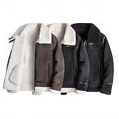 abordables Veste en simili-cuir-Homme Simili Cuir Veste Polaire Veste moto Blouson Moto du quotidien Vacances Coupe Vent Chaud Poche Automne hiver Plein Mode Classique Revers Normal Noir Beige Café Veste