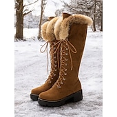baratos Botas de neve e inverno-botas femininas de camurça sintética com cadarço até o joelho e punhos de pele sintética – calçados de inverno estilosos com sola grossa