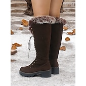 baratos Botas de neve e inverno-botas femininas de camurça sintética com cadarço até o joelho e punhos de pele sintética – calçados de inverno estilosos com sola grossa