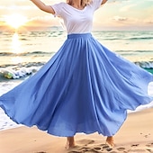 billige Chiffon skjørt-Dame Huske Langt skjørt Fritid Høst Maksi Høy Midje Skjørt Ensfarget Multi Layer Lang Ferie Fritid / hverdag Påfugl Blå Blå Ingefær Oransje Vår sommer Lin / bomullsblanding