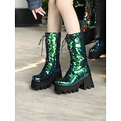 baratos Botas com salto-botas plataforma femininas com cadarço e lantejoulas – botas de salto grosso verde e azul brilhantes para festas, festivais e cosplay