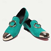 abordables Mocassins en cuir de qualité supérieure-mocassins en daim vert pour hommes avec bout métallique et boucle circulaire – chaussures habillées en cuir de vachette de qualité supérieure pour tenues formelles et décontractées